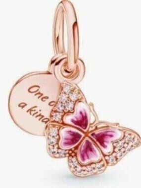 Pink Butterfly & Quote Double Dangle Charm ,Charms fit Pandora Bracelet